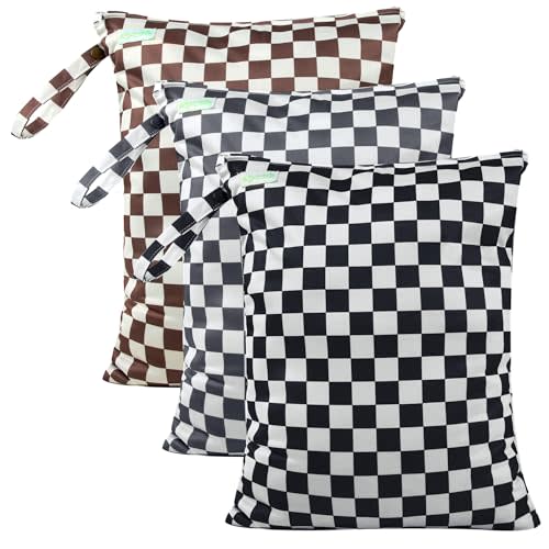 wegreeco Wet Dry Bag for Baby Swimsuit, Small Wet Dry Bag for Clothes Diaper and Breast Pump Parts, Large Baby bag for Travel,Gym Clothes,Beach,Pool,Extra Clothes (Checkerboard,3 Pack)