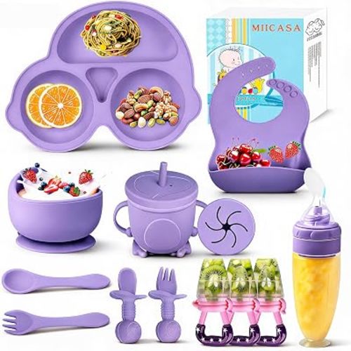 Silicone Baby Feeding Set,Miicasa Baby Led Weaning Supplies Kit With Suction Bowl & Car Plate, Bib, Spoon, Fork, Cup - Food-Grade Silicone, Dishwasher-Safe, No BPAs - For 3+ Months