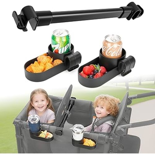Forward-Facing Support Bar + 2-Pack Stroller Wagon Snack Tray with Spill-Proof Cup Holders - Wonderfold Accessories Compatible with WONDERFOLD W2 Elite/Luxe 2-Seater Wagons, Detachable & Easy Install
