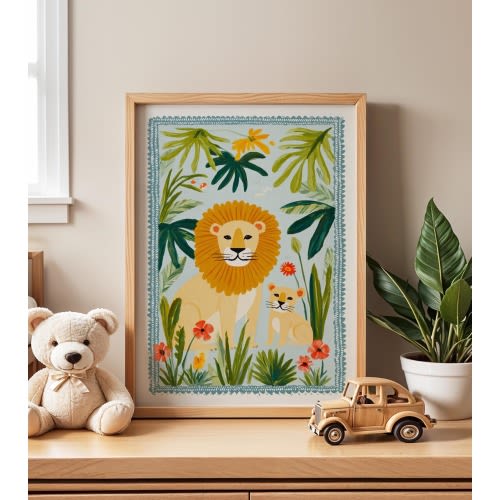 Lion Nursery Wall Art, Jungle Animal Illustration, Safari Kids Room Decor, Playful Baby Room Print, Nature Inspired Nursery Poster