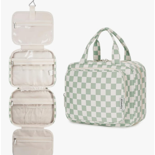 Narwey Hanging Toiletry Bag for Women Travel Checkered Makeup Bag Organizer Toiletries Bag for Travel Size Essentials Accessories Cosmetics (Mint Green Checkerboard (Medium))