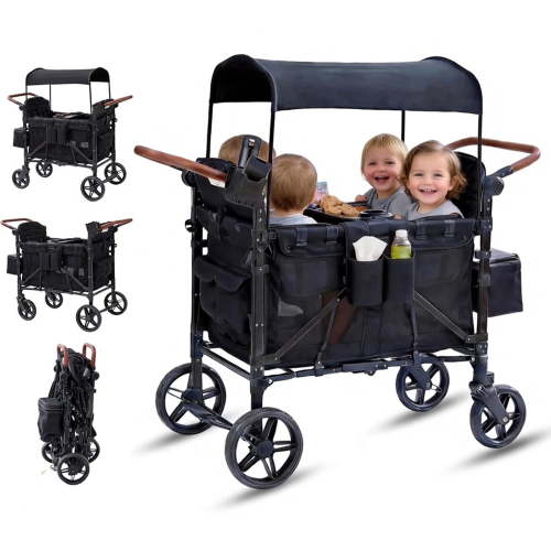 Wagon Stroller for 4 Kids, 4 Seater Stroller Wagon Foldable Featuring Dual Push Handles, Adjustable Canopy, 5-Point Harnesses and High Seat, Outdoor, Black
