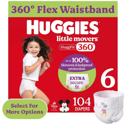 Huggies Little Movers HuggFit 360° Baby Diapers with 360° Waistband, Size 6 (35+ lbs), 104 Count (Select for More)
