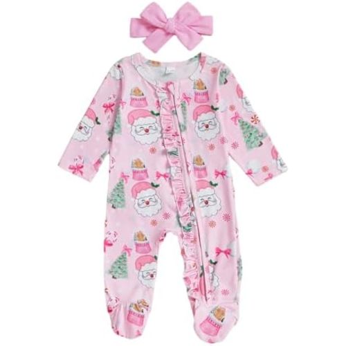 Newborn Baby Girl Christmas Outfit My 1st Christmas Santa Footed Romper Long Sleeve Jumpsuit with Headband