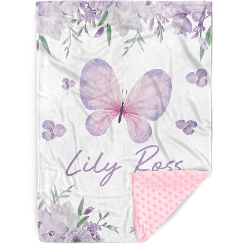 Personalized Baby Blankets with Name – Custom Baby Girl Blanket with Light Purple Butterfly Pattern – Soft Minky Dot Blanket for Crib, Nursery, Stroller – Custom Baby Gift for Girls