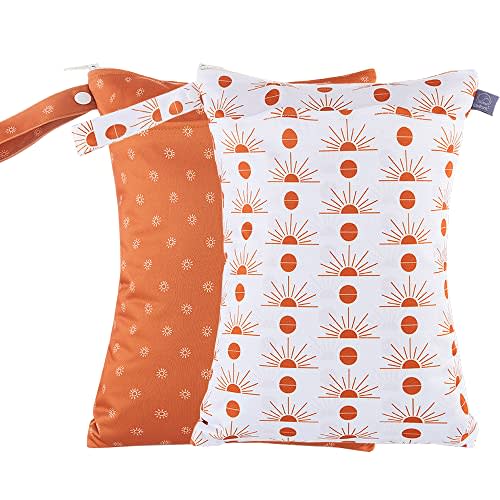 MOMIGO 2 pcs/set Wet Dry Bags for Baby Cloth Diapers - Reusable, Washable for Stroller, Diapers, Toiletries, Travel Bags, Beach, Pool, Gym Bag with Two Zippered Pockets 11.8 * 15.7 inch (Sunrise)