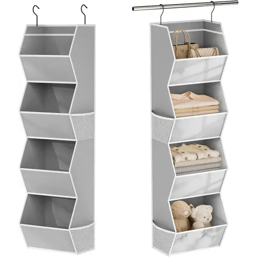 Hanging Closet Organizer 4 Shelf Collapsible Bedroom Closet Organizers and Storage Hanging with Mesh Pockets for Clothes, Fabric Hanging Storage Bins for Wardrobe Closet Organization and Storage, Grey