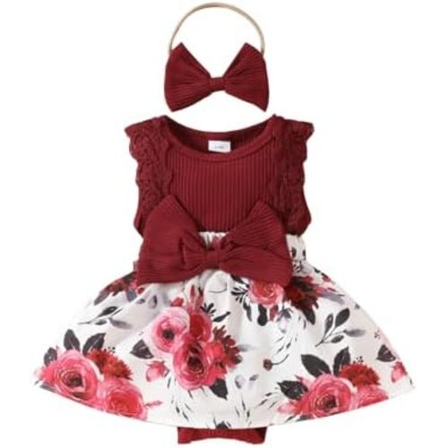 Newborn Baby Girl Clothes Floral Romper Dress Infant Ruffle Sleeveless Summer Outfits with Headband Set