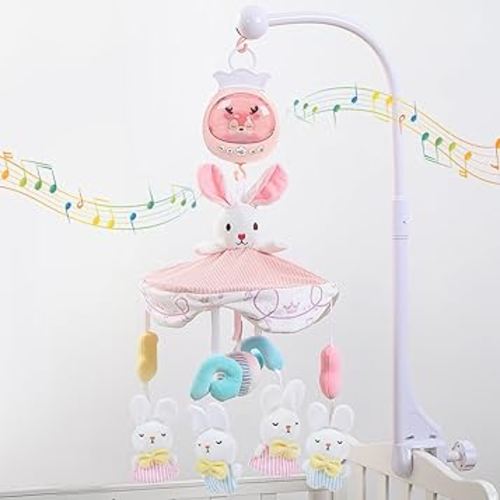 Baby Crib Mobile for Girls with Music, Lights & Projection, Adjustable Volume, 360° Rotating Plush Crib Toys with Detachable Musical Box, Hanging Mobile for Crib, Nursery Decor