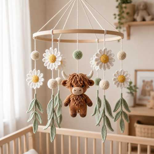 Crochet Higland Cow and Daisies Baby Mobile, Floral FarmBaby Mobile for Nursery Decor, Highland Cow Crib Mobile, Baby Shower Gift