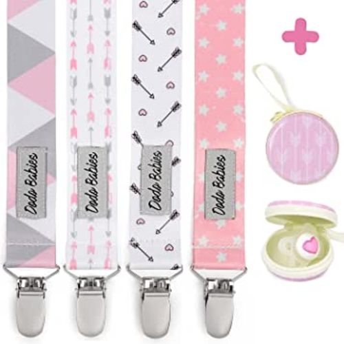Dodo Babies Pacifier Clip & Case Set - Universal Holder Loop & Pacifier Holder - Secure Binkie Clip for Bibs & Car Seat - Durable Water-Resistant Straps for Baby Essentials - 5-Piece Set, Pink & Gray