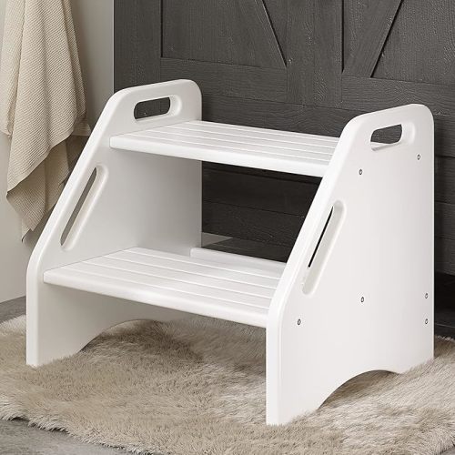 Wooden Two Step Stools Toddler with Safety Non-Slip Pads and Handles, Bamboo Step Stool for Bathroom, Bedroom, Kitchen Dual Height Step Stools for Kids (White)