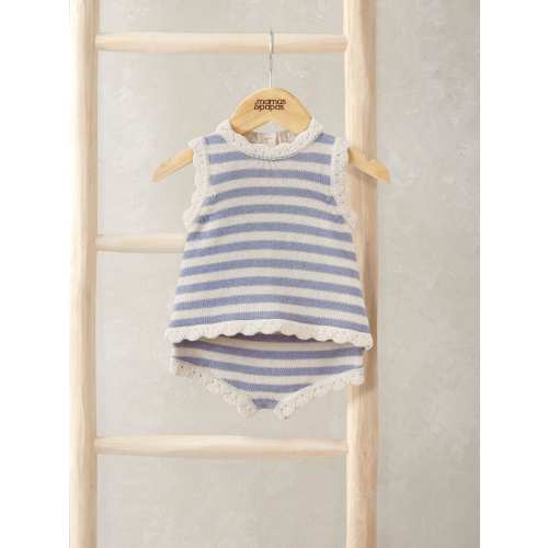 Mamas & Papas Blue Stripe Scallop Edge Knit Top & Shorts Set