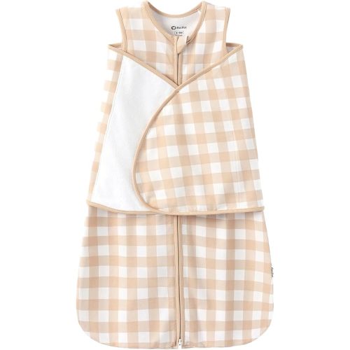 PATPAT Cotton Swaddle for Newborns, Soft Baby Wearable Blanket, Quiet Hook & Loop Closure, Easy Transition Design, 2-Way Zipper for Easy Diaper Changes, 0.5 TOG, Beige Gingham, 0-3 Months