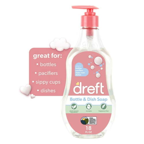 Dreft Plant-Based Liquid Dish Soap and Dishwashing Detergent for Baby Bottle, Fragrance Free Baby Essentials, 18 fl oz