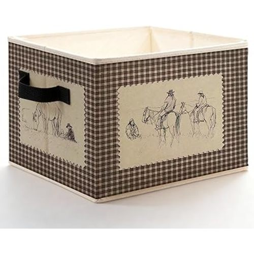 Vintage Western Cowboy Gingham Plaid Storage Bins Box with Handles, Retro Country Cowboy Horse Checkered Foldable Basket Toybox for Bedroom Bathroom Home Clothes Toys Books
