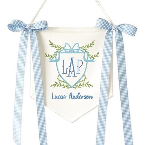 Embroidered Baby Name Sign Personalized Baby Announcement Sign Newborn Baby Banner with Bows Baby Hospital Name Sign Canvas Hanging Pennant Flag Custom Infant Baby Name Baby Shower Banner (08)