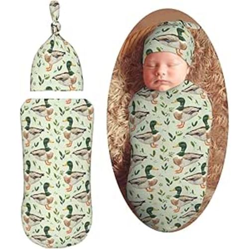 Farm Animal Cute Mallard Duck Newborn Swaddle Blankets Hat Sets Soft Baby Receiving Blanket Swaddle Sack for Baby Shower Infant Boy Girl Gift