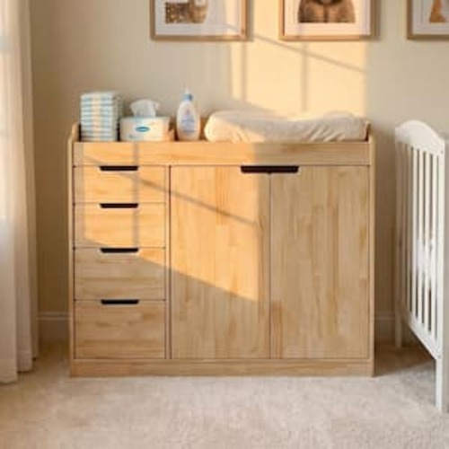 Natural 4-Drawer 47.2 in. Wide Dresser with 2-Door Cabinet, Divided Top Storage, Solid Pine Wood For Diaper Changing