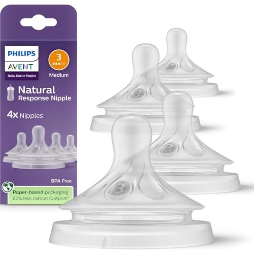 Philips Avent Natural Response Nipples, Medium Flow, BPA-Free, 4-Pack | Baby-Controlled Flow, No-Drip Design, Anti-Colic Valve, Wide Breast-Shaped Nipple, Supports Breast & Bottle Combo, SCY963/44