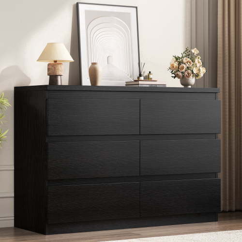 Hijob 6-Drawer Dresser, Modern Dresser 47.3" Wide Sturdy Simply Chest of Drawers, Handle-Free Storage Organizer and Deep Drawers for Bedroom Living Room Entryway, Black