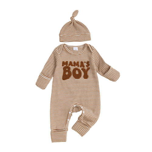 BemeyourBBs Baby Striped Footed Romper Newborn Boy Sleepers Footie Pajamas Coming Home Outfits Letter Embroidery Jumpsuit Hat Spring Fall Winter Baby Essentials Clthes