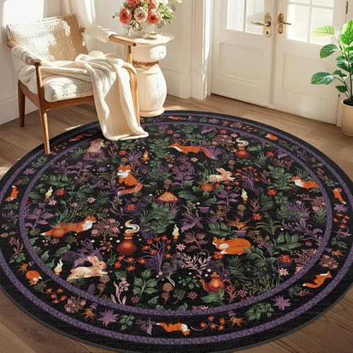 nesrt Round Washable Jungle Area Rugs for Living Room Bedroom 6ft, Botanical Fox Animal Print Cicle Rug Non Slip, Fantasy Woodland Floor Carpet for Dining Room Nursery Decor (Black)