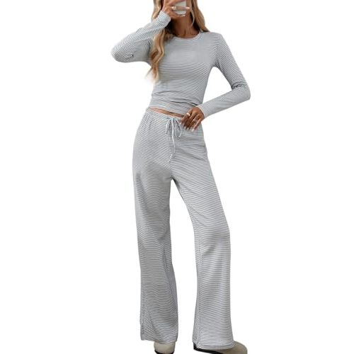 CHYRII Women Two Piece Sets Fall Long Sleeve Striped Lounge Sets Pajamas | Soft Cotton Pajamas Sets,Fitted Long Sleeve Top,Drawstring Wide Leg Palazzo Pants,Comfy Fall Matching Sets