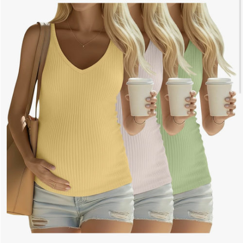 3 Pack Women's Maternity Tank Tops 92% Cotton Ribbed Knit Summer Pregnancy Shirts Sleeveless V Neck Basic Clothes
