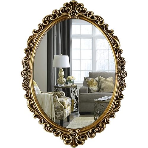 OIGUMR Oval Wall Mirror Mirror Vintage Hanging Mirrors for Bedroom Living-Room Dresser Decor (Gold;Frame Size:20.4 x 14.5 inch)