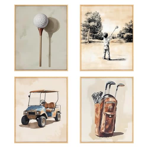 BRRNYOI Golf Nursery Wall Art Posters Set of 4, Sports Room Decor for Boys, Vintage Golf Club Course Cart Canvas Prints Wall Decor for Kids Boy Teen Bedroom Dorm Playroom, 8x10 Unframed
