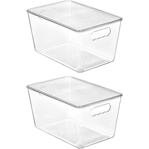 Vtopmart 2 Pack Clear Stackable Storage Bins with Lids, Large Plastic Containers with Handle for Pantry Organizer and Storage,Perfect for Bathroom,Cabinet,Kitchen,Fridge,Closet Organization