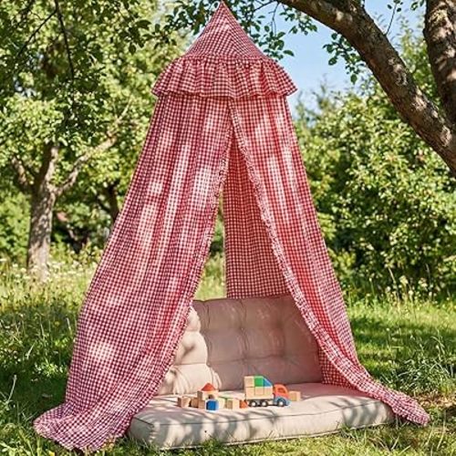 SmoothNovelty Gingham Plaid Bed Canopy with Ruffles Soft Vintage Style Decorative Tent for Reading Nook Play Area or Adult Bedroom Circus Tent Canopy (Red)
