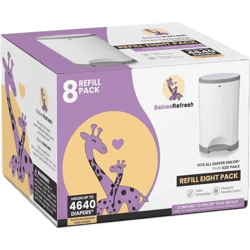 Refills Compatible with DEKOR PLUS Diaper Pail Refills | 8 Pack | Diaper Pail Odor Eliminator| Fresh Powder Scent | Each Diaper Bag Refill Holds up to 4640 Diapers | Diaper bin refill