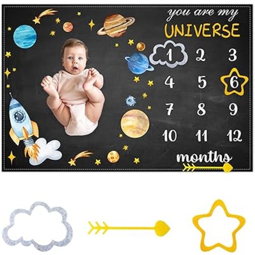 CSFOTO Outer Space Themed Baby Monthly Milestone Blanket Planet Cosmic Print Newborn First Year Growth Mat Baby Shower Memory Picture Recording Blanket 60"x40" with Frame