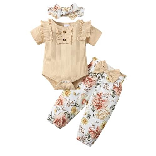 SUNNY PIGGY Baby Girl Clothes Infant Newborn Outfits Ruffle Short Sleeve Romper Tops Floral Pants Set With Headband