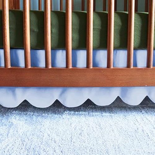100% Microfiber Scalloped Mini Crib Skirt 24"x 38" with 10" Inch Drop Lenght with 4 Split Corners for Baby Boys Girls Soft Nursery Toddler Bed Skirt - Light Blue Solid