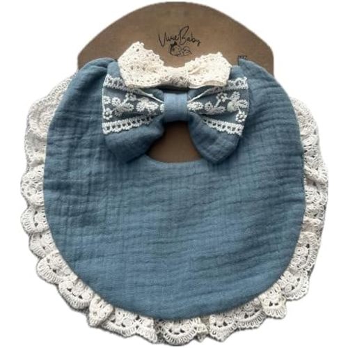 Baby Girl Gift Set, Muslin BoHo Bib with Lace and Matching Bows, Absorbent Cotton Adjustable Bib for Newborn Infant Toddler