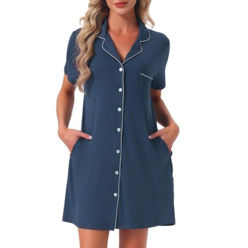 INSPIRE CHIC Women's Nightgowns Button Down Short Sleeve Sleep Shirts Nightshirt Pajama Dress with Pockets Large Blue