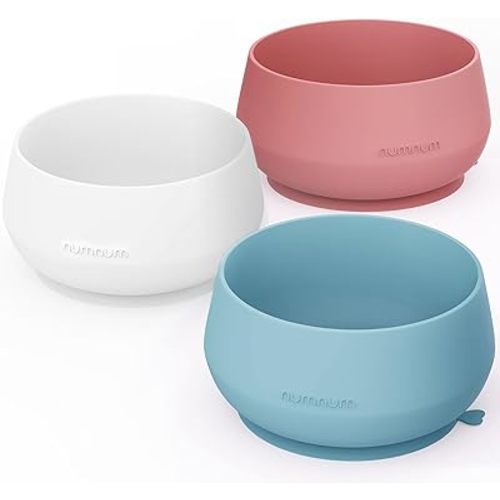 NumNum Suction Bowls for Babies & Toddlers, Extra Strong Non-Slip Suction, 100% Food-Grade Silicone, BPA-Free, Microwave & Dishwasher Safe, Baby-Led Weaning Bowl, 3-Pack Without Lid, Blue/Mauve/White