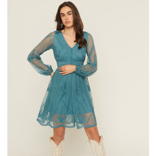 Shyanne Women's Embroidered Mesh Long Sleeve Button Front Mini Dress