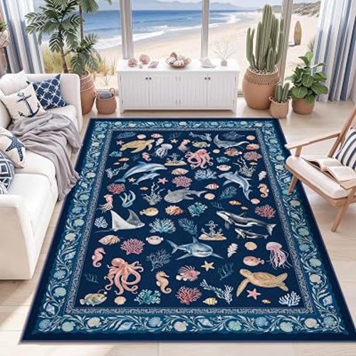 Arenarug 5x7 Washable Living Room Area Rug, Coastal Ocean Rug, Deep Navy