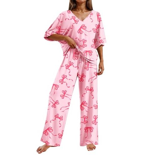Ekouaer Pajama Sets Womens 2 Piece Short Sleeve Long Pants Pjs Lounge Set | Soft Comfy Pjs with Pockets,Casual V Neck Sleepwear,Matching Set for Travel,Maternity,Daily,Outfits