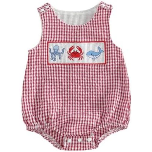 Baby Boy Bubble Romper Sailboat Crab Whale Plaid Beach Onesie Newborn Vacation Boydsuit Top Toddler Summer Clothes