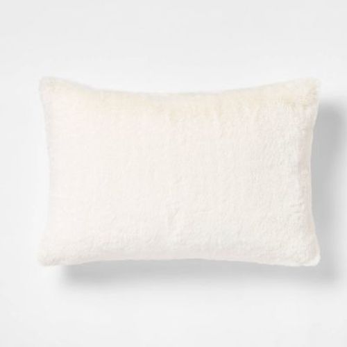 Faux Rabbit Fur Lumbar Throw Pillow Cream - Threshold™: Soft, Rectangular, Indoor Decorative Cushion