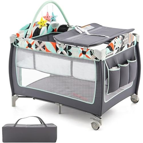 HONEY JOY Pack and Play, 4 in 1 Portable Baby Crib Playpen w/Bassinet, Changing Table, Storage Bag, Hanging Toys, Mattress, Foldable Pack and Play for Infant Boys Girls (Blue)