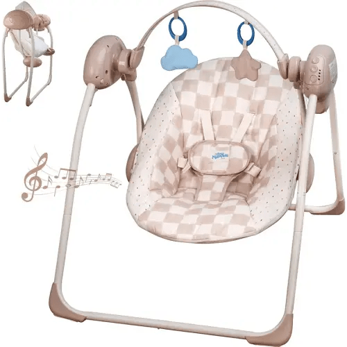 Baby Swings for Infants, Tiny Marvels Portable Swing with Adaptable Speed, Music, Removable-Toy-Bar, Foldable Infant Swing for Indoor and Outdoor Use, 0-9 Months 6-20 lbs(Sander Checker)