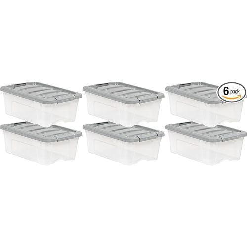 Amazon Basics Plastic Storage Containers with Secure Latching Lids, Stackable Organization Bins for Organizing, Clear/Grey, 12 Quart, Set of 6