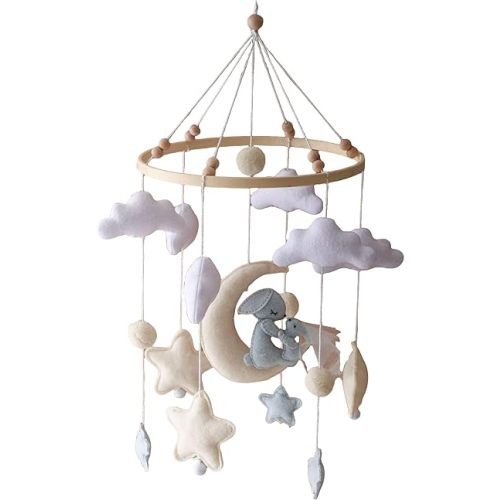 GOODMOM Baby Crib Mobile for Boys Girls Sleeping Bear Mobile for Crib, Baby Bassinet Mobile Toy for Soothing Sleep Gender Neutral Nursery Mobile - Sun, Moon, Cloud, Bear (Brown)