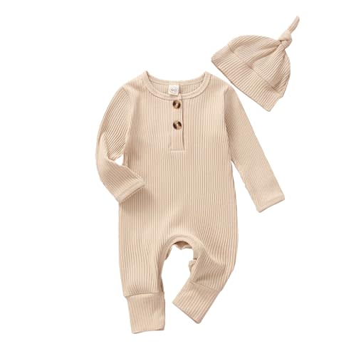 Infant Boys Girls Clothes Set Newborn Baby Romper Hat Ribbed Knit Long Sleeve Button Solid Bodysuit Jumpsuit